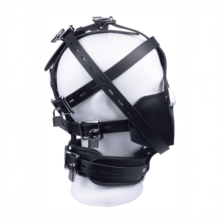 Maske aus Leder mit Kopfriemen und Halsband Schwarz – Ansicht 4