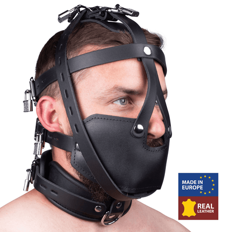 Maske aus Leder mit Kopfriemen und Halsband Schwarz
