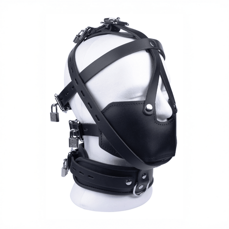 Maske aus Leder mit Kopfriemen und Halsband Schwarz – Ansicht 3