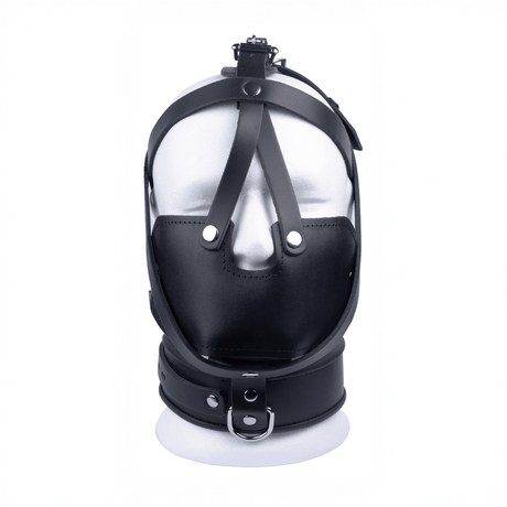 Maske aus Leder mit Kopfriemen und Halsband Schwarz – Ansicht 2