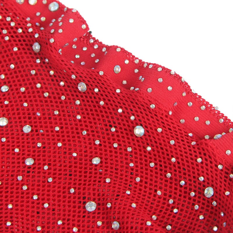 Netz-Bodystocking mit Handschuhen und Diamanten Rot Einheitsgröße – Ansicht 4