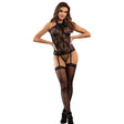 Netz-Bodystocking mit Strumpfband und Blumendetails Schwarz Einheitsgröße
