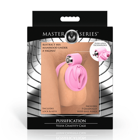 Peniskäfig Master Series Pussification in Vulvaform mit fünf Ringen Pink 6,4 cm – Ansicht 3