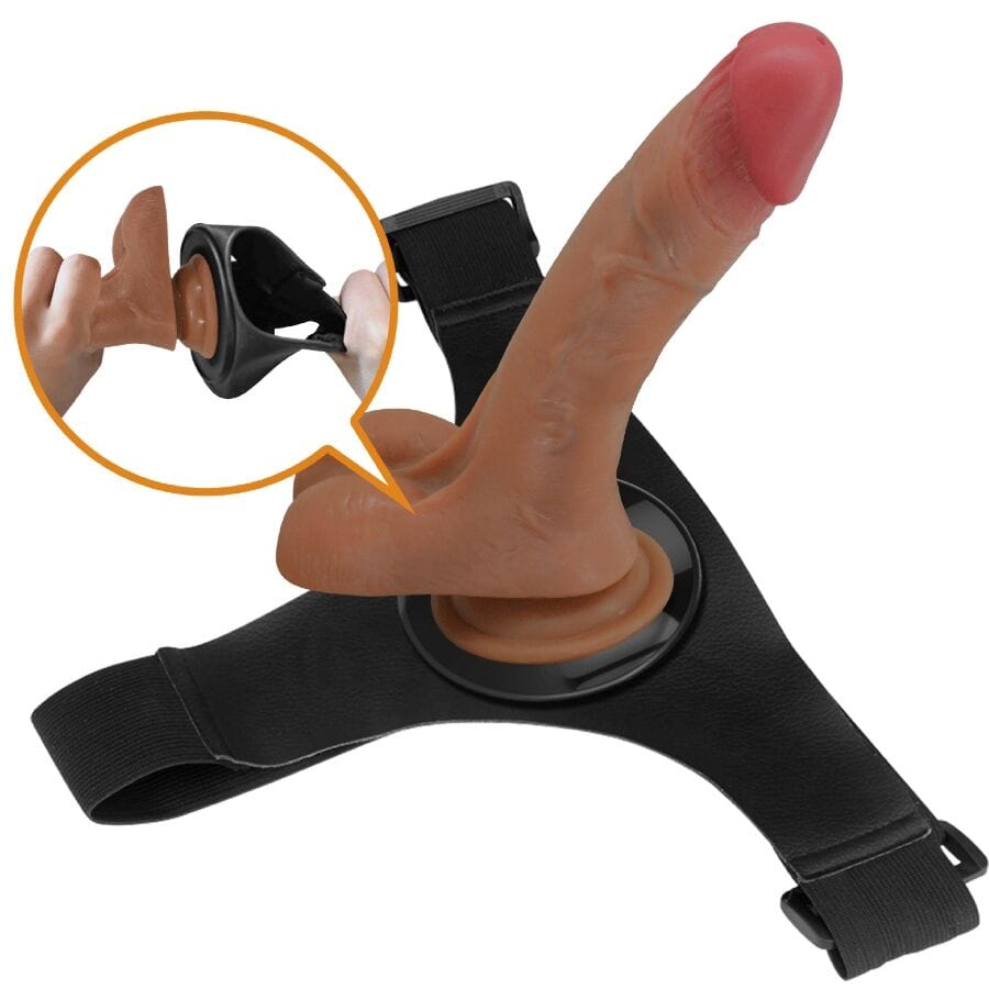 Strap-on Universal Harness Slip mit Vibrierendem und Squirting- Mulato Braun 15,5 cm