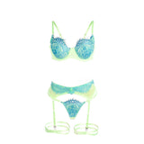Strapsset BH-Set mit Spitze und Strumpfband Blau/Grün S/M