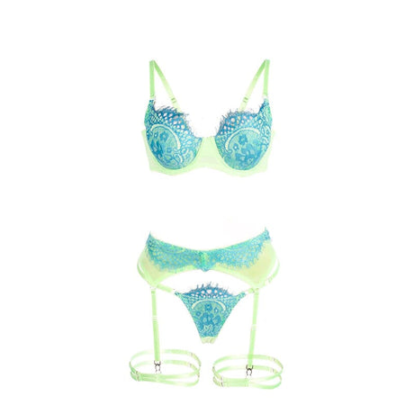 Strapsset BH-Set mit Spitze und Strumpfband Blau/Grün S/M