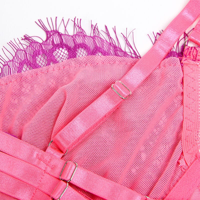 Strapsset BH-Set mit Spitze und Strumpfband Rosa/Lila L/XL