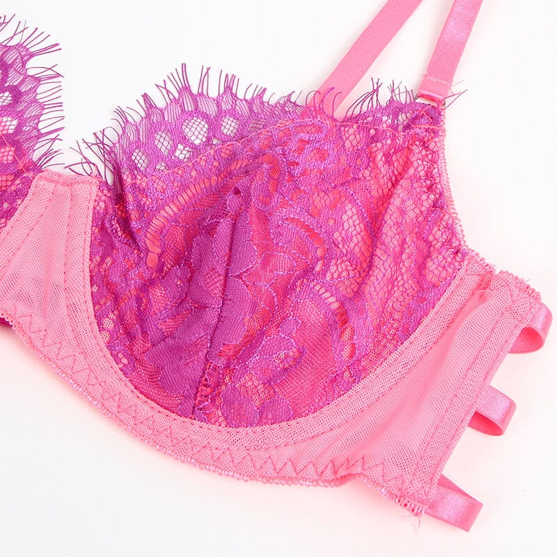 Strapsset BH-Set mit Spitze und Strumpfbändern Rosa/Lila S/M