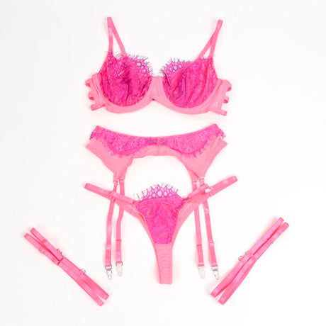 Strapsset BH-Set mit Spitze und Strumpfbändern Rosa/Lila S/M
