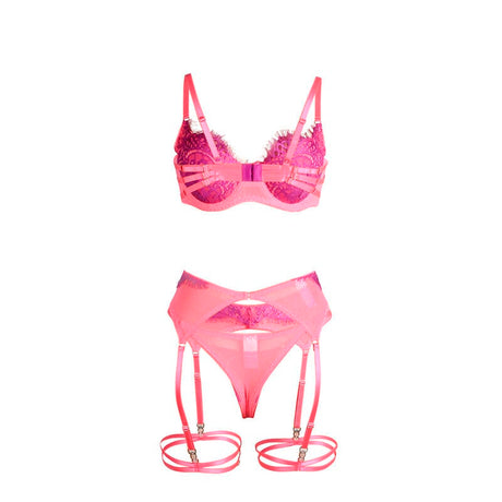 Strapsset BH-Set mit Spitze und Strumpfbändern Rosa/Lila S/M