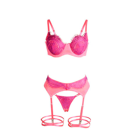 Strapsset BH-Set mit Spitze und Strumpfbändern Rosa/Lila S/M