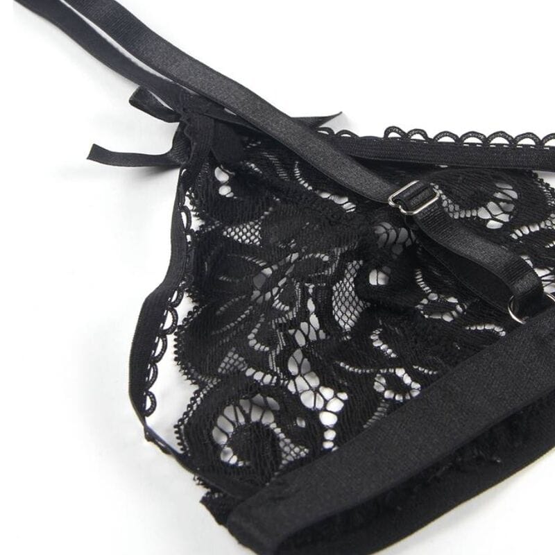 Strapsset Dreiteiliges Set BH + Strumpfgürtel + String L/XL Schwarz – Ansicht 3