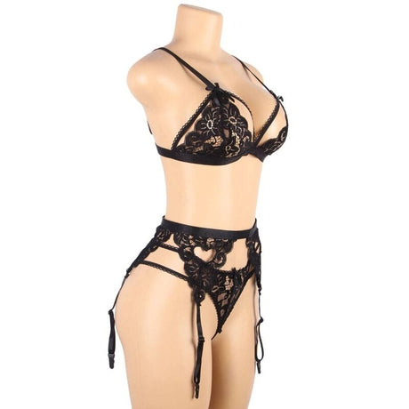 Strapsset Dreiteiliges Set BH + Strumpfgürtel + String L/XL Schwarz – Ansicht 9