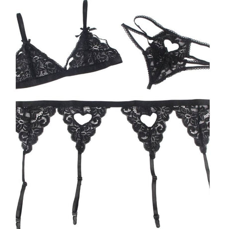 Strapsset Dreiteiliges Set BH + Strumpfgürtel + String S/M Schwarz – Ansicht 8