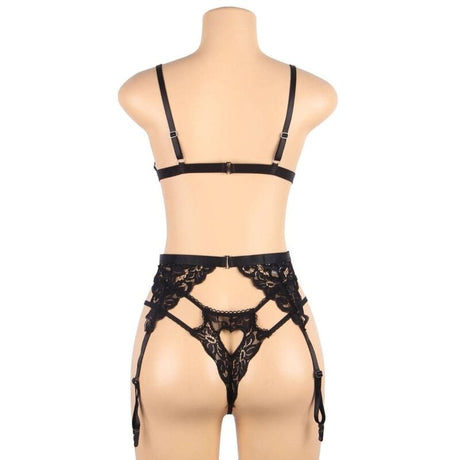 Strapsset Dreiteiliges Set BH + Strumpfgürtel + String S/M Schwarz – Ansicht 11