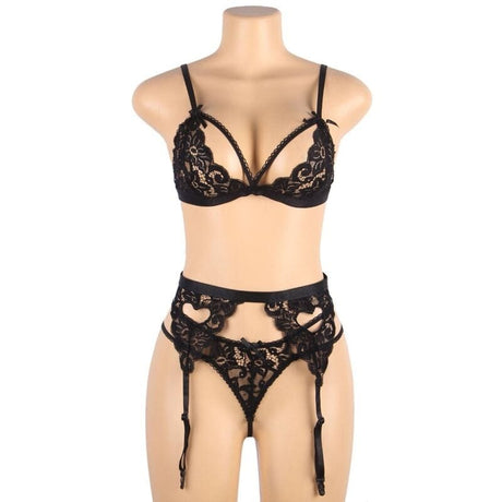 Strapsset Dreiteiliges Set BH + Strumpfgürtel + String S/M Schwarz – Ansicht 10