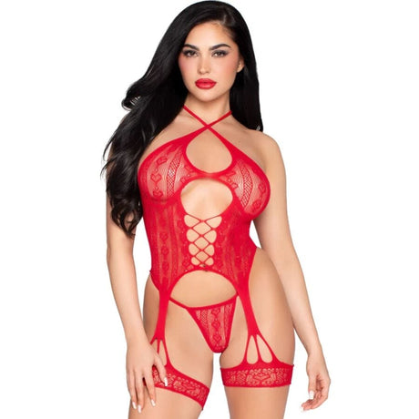 Strapsset Offener Spitzen-Bodysuit mit Strumpfgürtel + String Rot Einheitsgröße