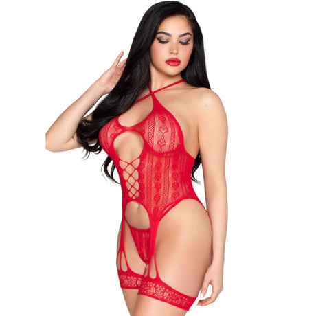 Strapsset Offener Spitzen-Bodysuit mit Strumpfgürtel + String Rot Einheitsgröße – Ansicht 2