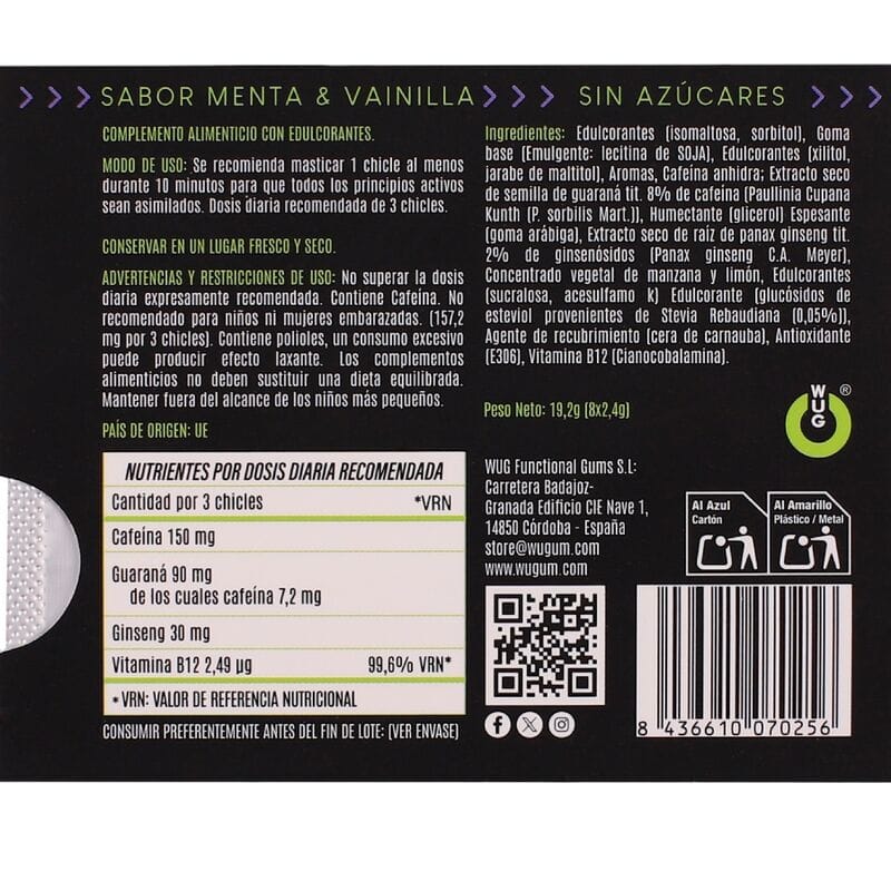 Wug On – Funktionelles Kaugummi mit Koffein und Guarana, Minze – Vanille – Geschmack, Blisterpackung mit 8 Stück