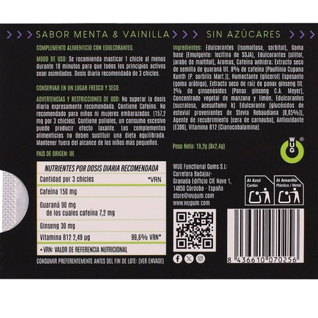 Wug On – Funktionelles Kaugummi mit Koffein und Guarana, Minze – Vanille – Geschmack, Blisterpackung mit 8 Stück